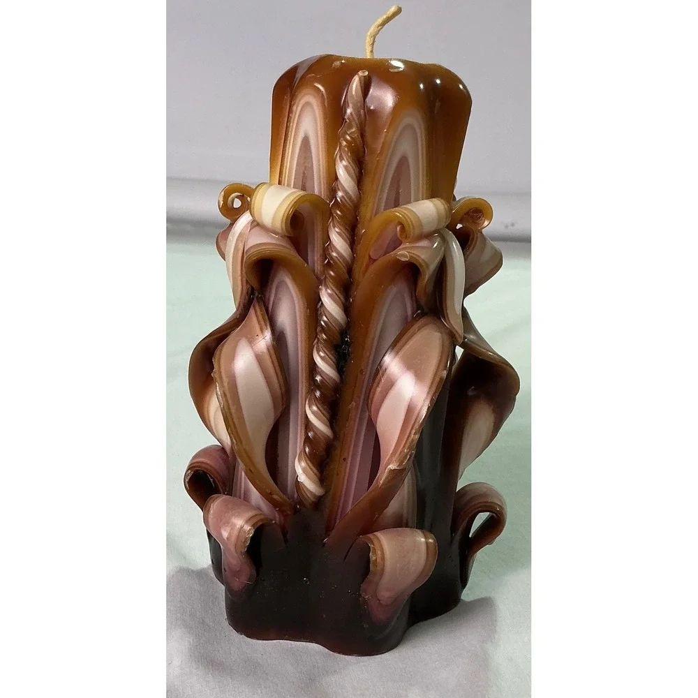 Vintage Hand Carved Layered Pillar Candle Brown Pink Cream Floral Scroll